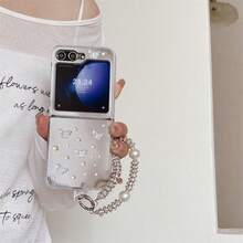 Fashionable Rhinestone Butterfly Folding Phone Case With Chain, Suitable For Samsung Galaxy Z Flip3 5G/Galaxy Z Flip 4 5G/Galaxy Z Flip 5 5G/Galaxy Z Flip 6 5G/Galaxy Z Flip 7 5G, Luxury Folding Screen Protective Cover - Multicolor - View 1