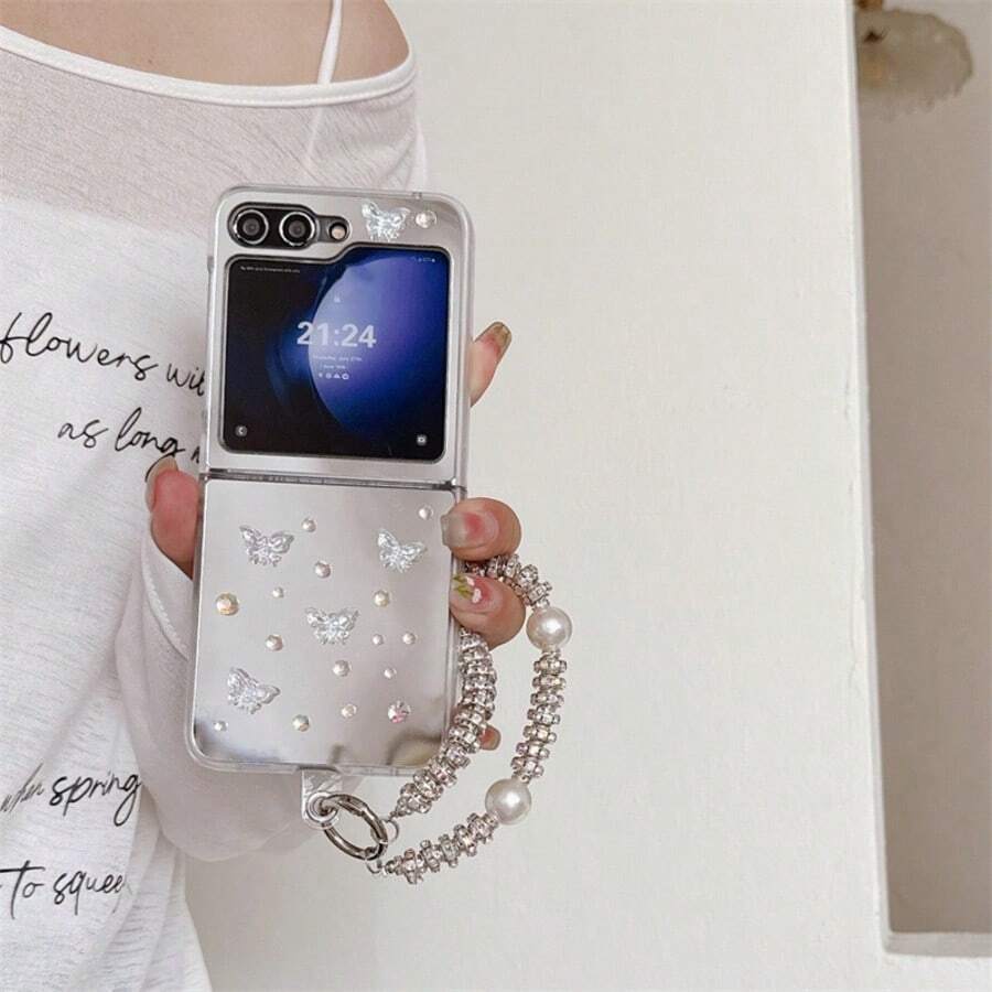 Fashionable Rhinestone Butterfly Folding Phone Case With Chain, Suitable For Samsung Galaxy Z Flip3 5G/Galaxy Z Flip 4 5G/Galaxy Z Flip 5 5G/Galaxy Z Flip 6 5G/Galaxy Z Flip 7 5G, Luxury Folding Screen Protective Cover - Multicolor - View 1