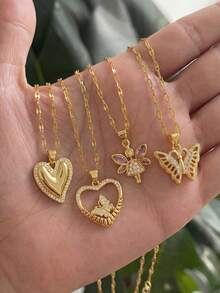1 pieza Colgante de mariposa elfa con forma de corazón de circonita cúbica exquisita y retro de lujo, cadena de acero inoxidable dorado para clavícula para mujer para uso diario, para amigos, novia, familia, hija, regalo de San Valentín, cumpleaños - Dorado - Ver 1