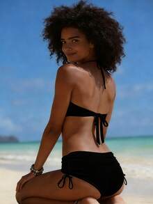 Womens Bikini Swimsuits Solid Color Halter Bra Tops With Side Drawstring Thong 2 Pcs Set Stylish Bikini Bathing Suit - Black - View 6