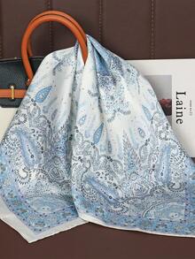 1 chiếc khăn quàng cổ vuông bằng satin thời trang dành cho nữ, dài 70cm, thích hợp cho mùa xuân/hè. - Xanh và trắng - Xem 3