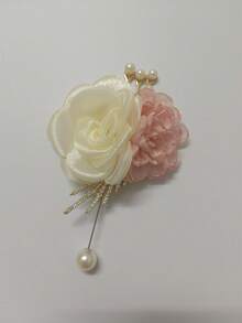米色伴郎/伴娘婚礼胸针，优雅新郎新娘襟花，伴娘腕花，适用于婚礼、派对、周年纪念、情人节 - 米色+粉紅色-701 - 查看 2
