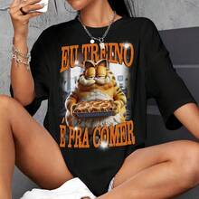 Camiseta Treino Feminina Gato  Roupas de Academia Blusão Look de Treino Engraçado Plus Size - Preto - Visão 1