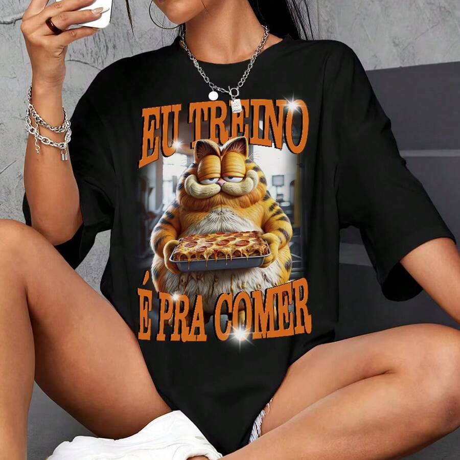 Camiseta Treino Feminina Gato  Roupas de Academia Blusão Look de Treino Engraçado Plus Size - Preto - Visão 1