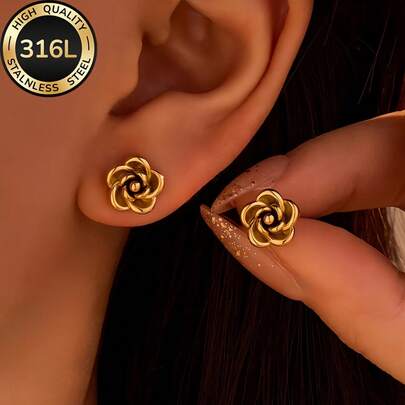 一对不锈钢玫瑰花耳钉 - 时尚优雅 - 适合女性日常佩戴、参加派对，也是情人节礼物之选