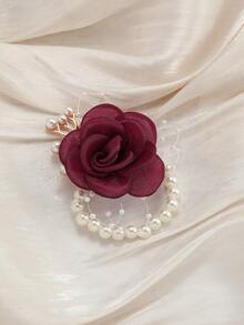 1pc/2pcs/6pcs Premium Burgundy Rose With Small Beads Metal Alloy Elegant Corsage And Pearl Chain Wrist Flower, Suitable For Groom, Bride, Groomsman, Bridesmaid - Burgundy - View 2