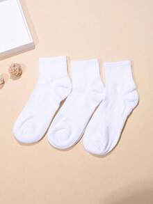 3双女士纯色休闲中筒袜，适合日常生活，秋季 - 白色 - 查看 4