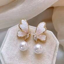 Hoa tai ngọc trai cổ điển, thanh lịch và đa năng, phong cách tối giản Hàn Quốc. - Loại bướm - Xem 1