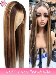 13X4 Lace Front Wig, 30 Inches Synthetic Fiber Wig, Honey Gold Ombre Gradient Long Straight Hair, Heatproof Brown & Gold Ombre Long Straight Hair For Women - Brown Highlight - View 2