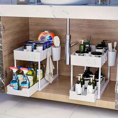 2-Tier Sliding Under Sink Organizer With Hooks, Plastic Cabinet Basket Storage Drawers For Bathroom Kitchen, Space Saver Bottom Shelf, Under Sink Organizers And Storage
