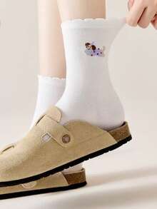 5 Pairs Women's Cute Puppy Patterned Lace Trim Mid-Calf Socks, Versatile & Suitable For Daily Wear - Multicolor - View 4