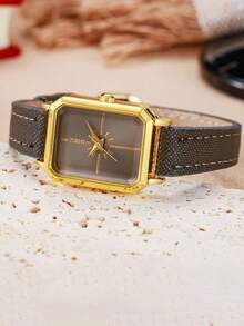 1件/套 休闲百搭时尚创意方形表盘真皮表带石英表，高性价比，兼具美观与实用性，是理想的送礼之选，年末促销，线上专享 - 彩色 - 查看 2