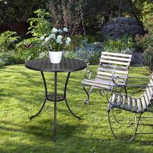 Mesa de bistró para Patio, Mesa Redonda de 24 Pulgadas para Exteriores con Agujero para Paraguas de 2 Pulgadas, Mesa Auxiliar de Aluminio Fundido para Exteriores con Marco de Hierro para - Negro - Ver 6