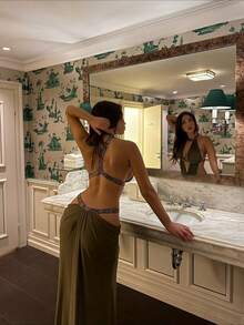 New Women's Solid Color Maxi Dress, Elegant Slim Fit Sexy Backless Patchwork Cutout Halter Gown - xanh quân đội - Xem 5