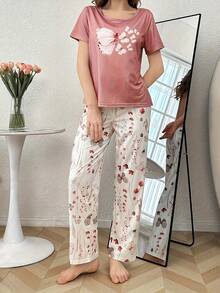 两件套女士休闲蝴蝶印花短袖上衣和裤子睡衣套装 - 粉色 - 查看 5