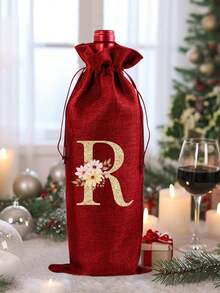 1 Personalized Linen Bottle Storage Drawstring Bag With Flower Gold Initials A-Z Printed On It, Bottle Cover, Coarse Linen Storage Bag, Linen Gift Bag, Wine Set, Beer Bottle Set, Bar Table Atmosphere Set. Equipped With A Drawstring To Prevent Dust, Reusable And Durable, Used For Storing Wine Bottles. - Multicolor - View 4