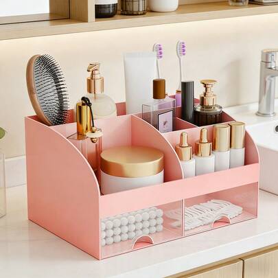 4件套多功能梳妆台化妆品收纳盒 - 大容量带抽屉，分隔式设计，可收纳化妆品、护肤品和浴室用品（粉色）
