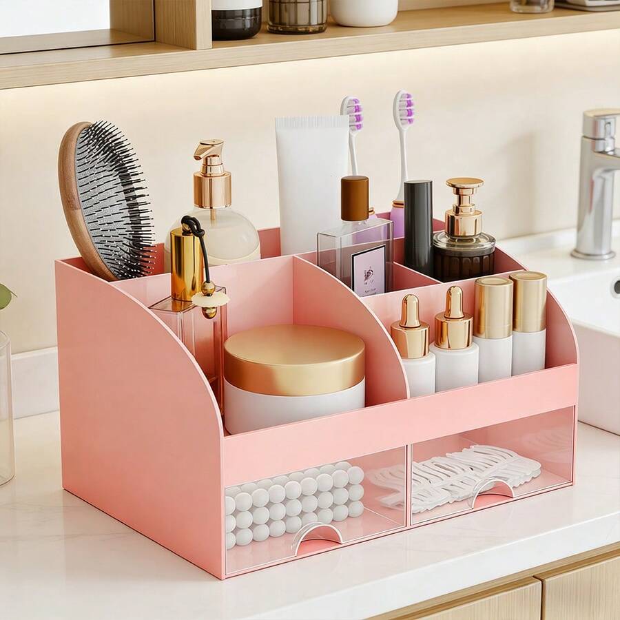 4件套多功能梳妆台化妆品收纳盒 - 大容量带抽屉，分隔式设计，可收纳化妆品、护肤品和浴室用品（粉色） - 彩色 - 查看 1
