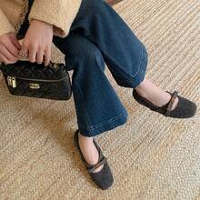 Soft Fufu~Wool Felt Pointed Toe Mary Jane Shoes, Gentle Style Essential For Daily Commute, Solid Color Commuter Shoes With Bow Tie, Suitable For Holidays - Grey - View 5