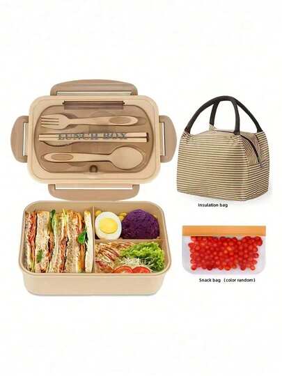 A Complete Set Of Lunch Box, Including Utensils And Bag, Insulated Including Lunch Box+Cutlery+Insulated Bag+Snack Bag+Rice Spoon, 1200ml Large Capacity For Office And School Use