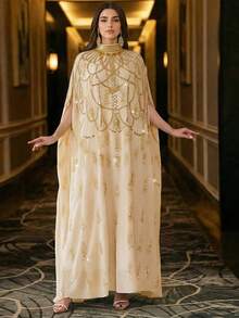 Elegant Pearl Embroidered Batwing Sleeve Long Abaya With Stand Collar - Apricot - View 6