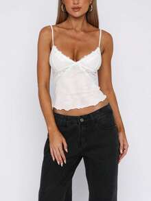 Women Y2K Sheer Lace Mesh Camisole Slim Fit V Neck Open Back Cami Tops Summer Spaghetti Strap Tank Tops Cute Lace Trim Crop Tops Casual Streetwear Fashion Going Out Party Club Outfit - trắng - Xem 1