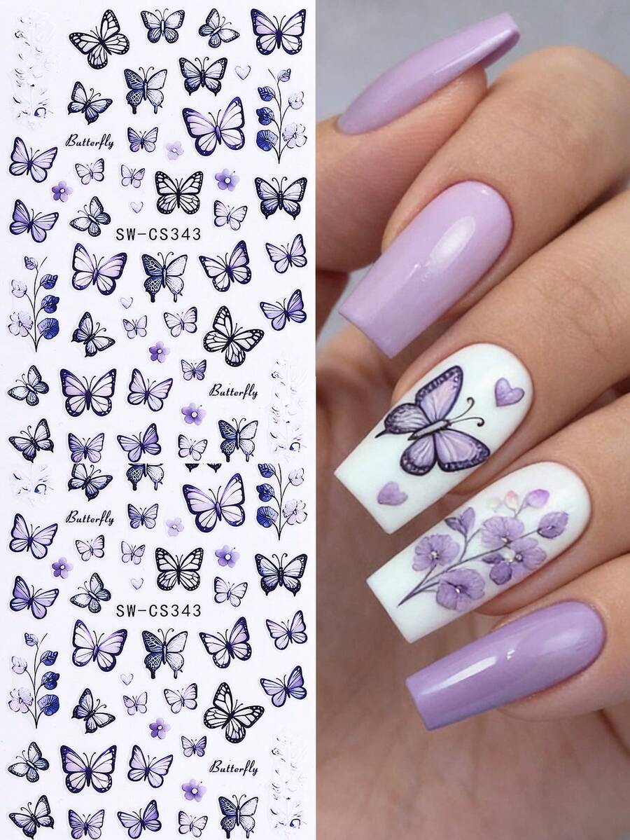 2 piezas Pegatinas de arte de uñas con mariposa y flor en morado y negro, Decoraciones de uñas adhesivas de primavera, Fácil de usar para salón de uñas o en casa - Multicolor - Ver 1