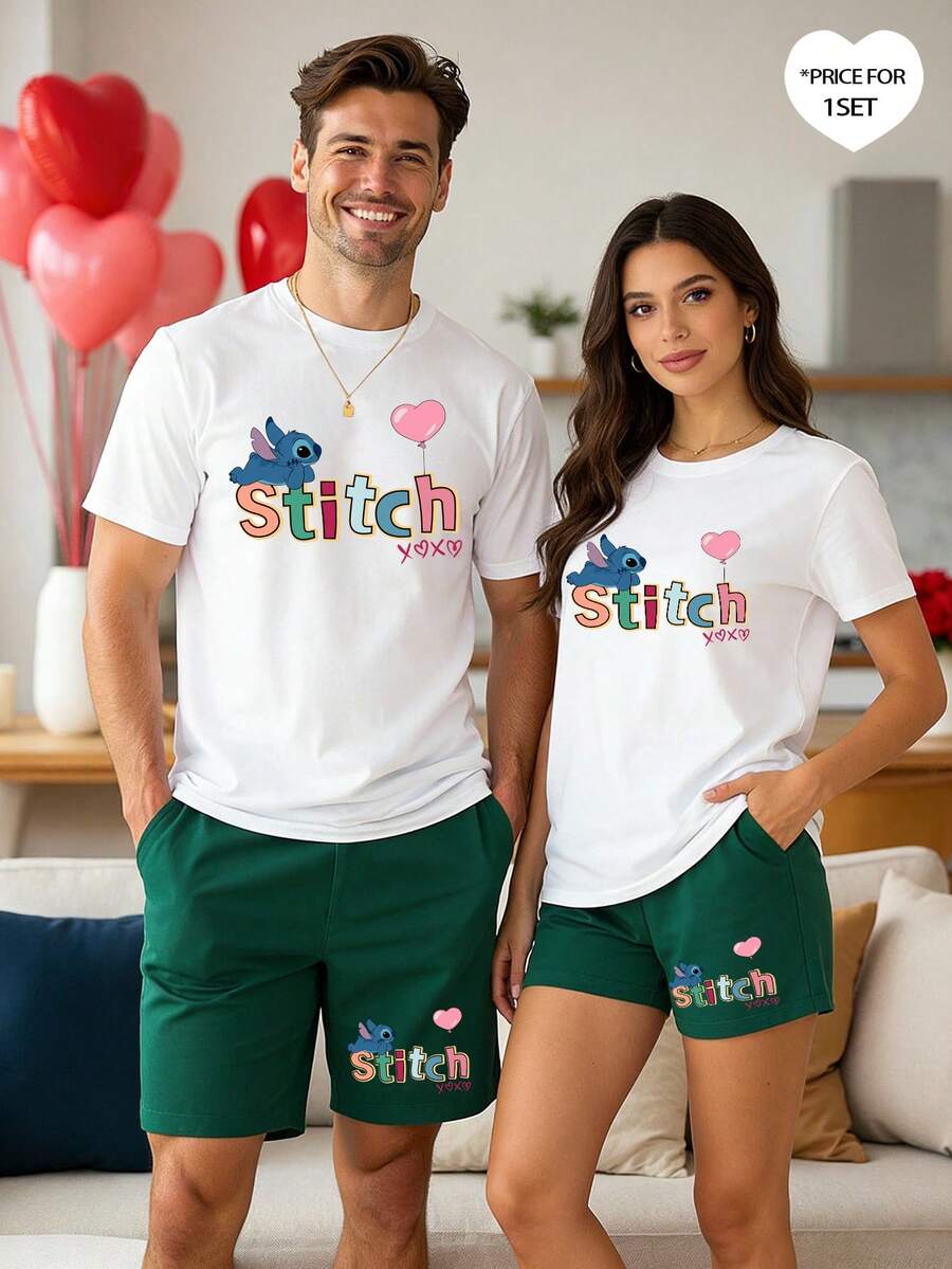 Disney 2pcs Stitch Print Men's Casual Homewear Set, Includes Round Neck Top And Shorts, Suitable For Spring/Summer - Green - View 1