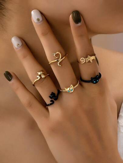 6pcs/Set Cute Metal Minimalist Cat Design Rings, Shiny Eyes, Suitable For Women, Girls, Students, Party, Gift For Girlfriend
