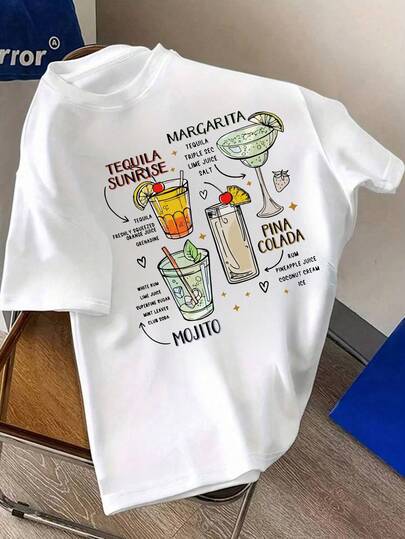 男士休闲鸡尾酒主题印花圆领短袖上衣，适合日常穿着和夏季度假