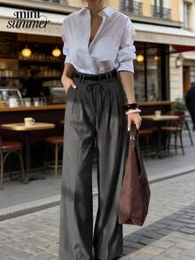 minisummmer Women's New Arrival Spring Summer Gray High-Waisted Drawstring Wide-Leg Tailored Pants - Soft Breathable Flowy Wrinkle-Resistant Elegant Valentine's Day Date Vacation Beach Party Carnival Casual Daily Office Weekend Outfits - Grey - View 1