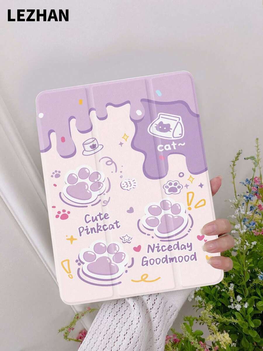 紫色奶油色猫爪图案平板电脑保护套，带笔槽，防震，三折支架，兼容 iPad 10.2 英寸、iPad Pro 11 英寸（2021/2020/第十代）、iPad (A16) 11 英寸（第十一代，2025 年）、iPad 第八/九/十代、Galaxy Tab A8 10.5 英寸（2022 年）、Matepad 10.4 英寸/平板电脑，浪漫礼物 - 彩色 - 查看 1