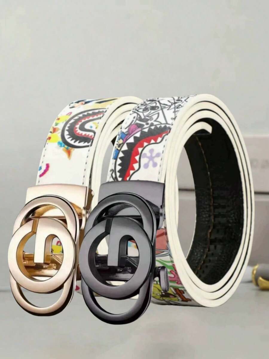 2026 New Graffiti Design Men's Belt, Letter Alloy Automatic Buckle, Suitable For Daily Commute, Holiday Party, Clear Texture, Leather, Couples Belt, Gift Choice - Multicolor - View 1