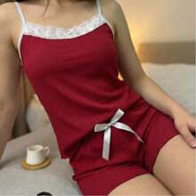 Red Ribbed Lace Babydoll - Đỏ - Xem 1