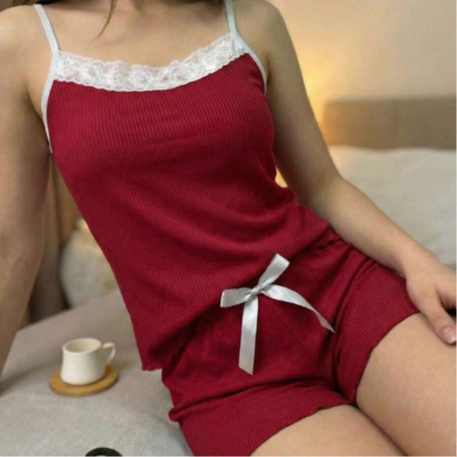 Red Ribbed Lace Babydoll - Đỏ - Xem 1