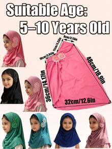 1条5-10岁女童头巾，Amira儿童头巾，莱卡Aya头巾，女童水钻莱卡Amira头巾，花卉蕾丝头巾，儿童伊斯兰阿拉伯头巾披肩 - 彩色 - 查看 6