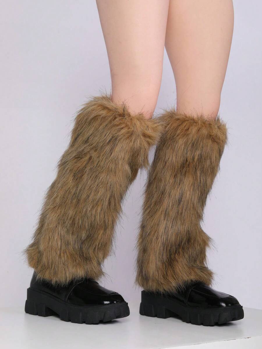Y2K Style Brown Fuzzy Leg Warmers, Suitable For Everyday Wear - Brown - View 1