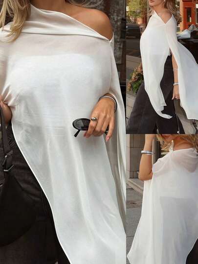 ملابس علوية كيب أنيقة وعملية للنساء ذات رقبة طاقم بدون أكمام وفتحة على الكتف، بلون أحادي. كنزة صوفية صوفية بيضاء خفيفة الوزن وأنيقة، مناسبة للربيع والصيف