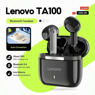  Lenovo TA100 trådlösa Bluetooth-hörlurar, TWS, kortskaftade semi-in-ear-design, Bluetooth 5.4, pekskärm, lång batteritid, med mikrofon, kompatibla med Android- och Apple-system.