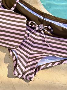 Women's Bikini Swimwear, Retro Striped Brown-Pink Beach Outfit Swimwear, Cropped Camisole Strapless Top And Shorts Fashion Set/Outgoing Outfit/Birthday Outfit/Casual Wear/Y2K/2000s/Millennium Outfit/Elegant/Old Money/Streetwear/Holiday Music Festival Outfit/Girls Beach Wear - Pinkish Brown - View 11