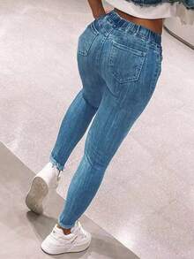 Women High Waist Skinny Stretch Ripped Jeans Destroyed Denim Pants Plus Size - Màu xanh lam - Xem 5