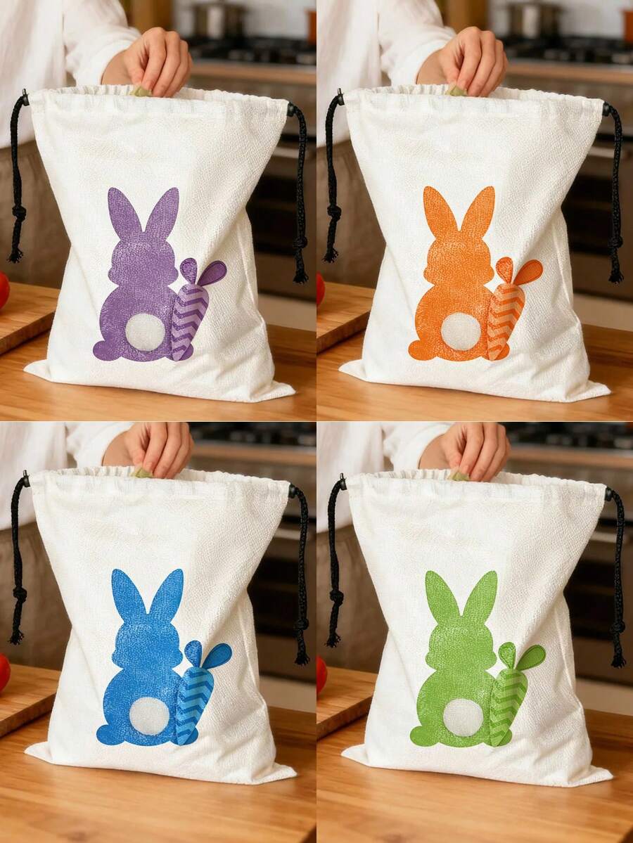 4pcs Colorful Rabbit & Carrot Linen Drawstring Bags, Reusable Storage Pouches For Restaurants, Camping, Kitchen, Jewelry, Cosmetics, Party Favors, Easter Supplies - Multicolor - View 1