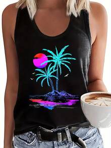 [Plus Size Tank Top] Stretchy Polyester Women's Plus Size Sleeveless Tank Top | Tropical Geometric Palm Tree Sunset Print, Relaxed Fit Round Neck Summer Casual Streetwear, Machine Washable, Beach Attire, Comfortable Fabric Women's Plus Size Sleeveless Tank Top Soft Stretch Casual Crew Neck Vest For Curvy Figures Daily Use - 黑色 - 查看 1