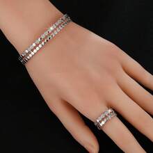 1pc/2pcs Fashionable Luxury Cubic Zirconia Inlaid Hexagon Honeycomb Open Ring & Bracelet Set, Suitable For Women To Wear Daily, Festivals, Parties, Eid/Eid Al-Fitr Gift Exchange - Style a Silver - View 3