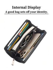 HOVI'S New Minimalist RFID Blocking Zipper Long Wallet, Large Capacity Multi-Function Phone Wallet - Black - View 7