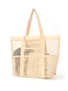 Hollow Polyester Mesh Large Capacity Beach Bag, Travel Laundry Bag, Swimming Storage Bag, Minimalist Mesh Beach Bag, Mother's Day Gift For Mom, Summer - Light Khaki - View 4