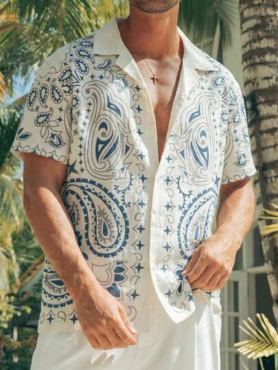 Mediterranean Style Men's Jacquard Shirt, Blue Jacquard Flower Pattern, Breathable Summer Vacation Shirt, Casual Bohemian Beach Button-Down Shirt