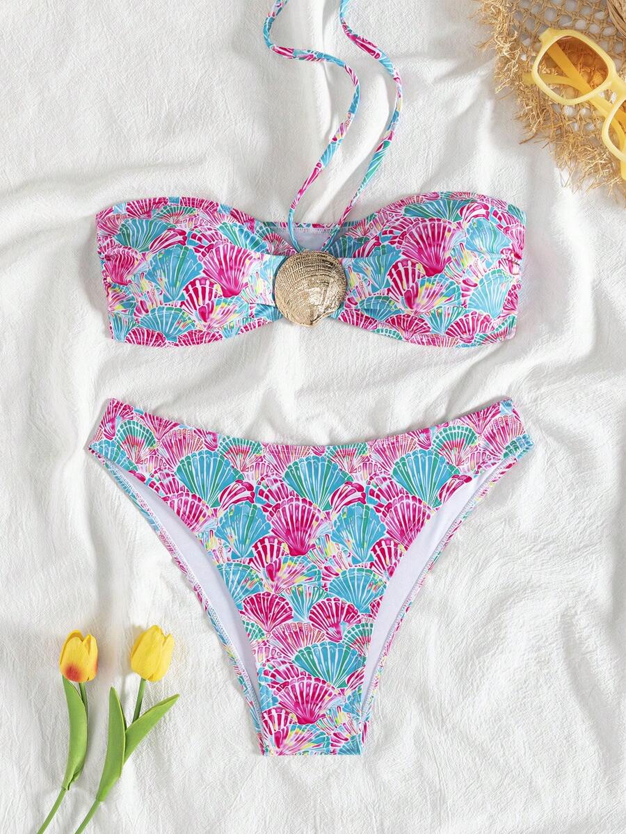wohenmeili Shell Print Bikini Set For Beach Vacation - White Background With Red and Blue - View 1
