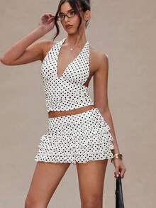 Women Polka Dot Outfits 2 Piece Skirt Sets Vintage Halter V-Neck Top And Ruffle Layered Mini Skirt Summer Y2k Outfits - trắng - Xem 4