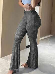 Women's Ribbed Knit Elastic Waist Flare Leg Yoga Pants Comfy Stretch Casual Leggings For Gym Workout, Daily Wear - Màu xám đen - Xem 1